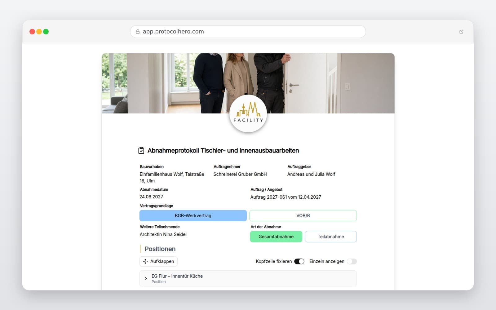 Vorschau der Vorlage „Abnahmeprotokoll Tischler- und Innenausbauarbeiten"