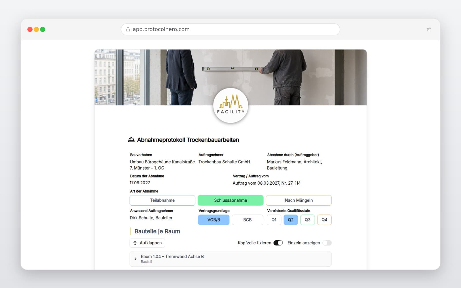 Vorschau der Vorlage „Abnahmeprotokoll Trockenbauarbeiten"