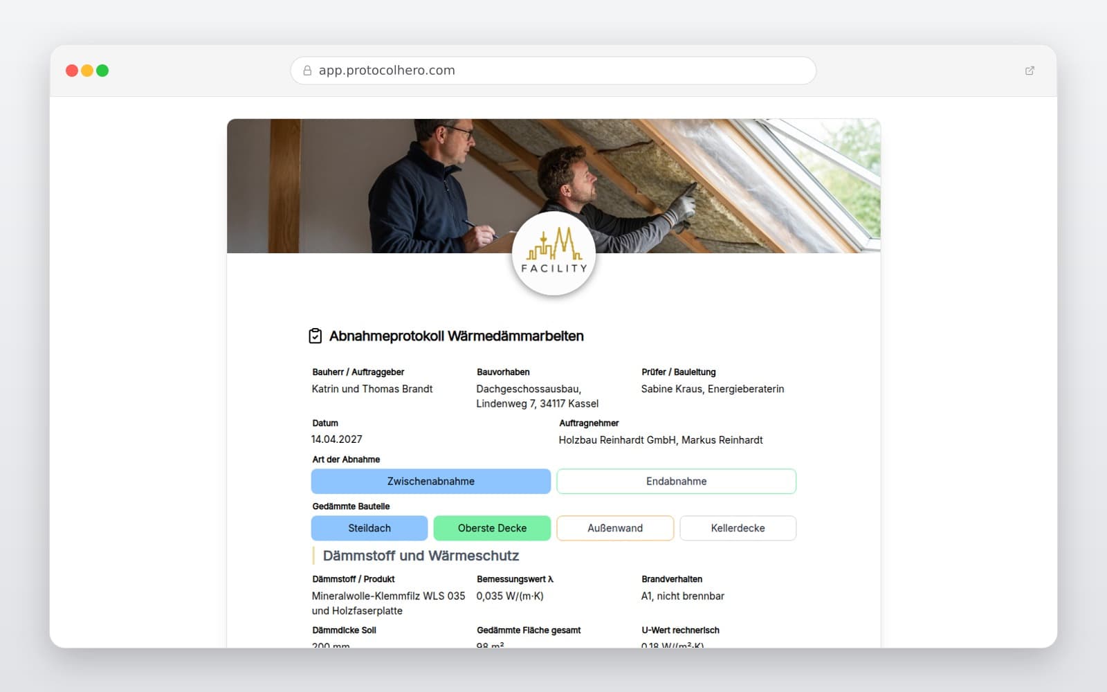 Vorschau der Vorlage „Abnahmeprotokoll Wärmedämmarbeiten"