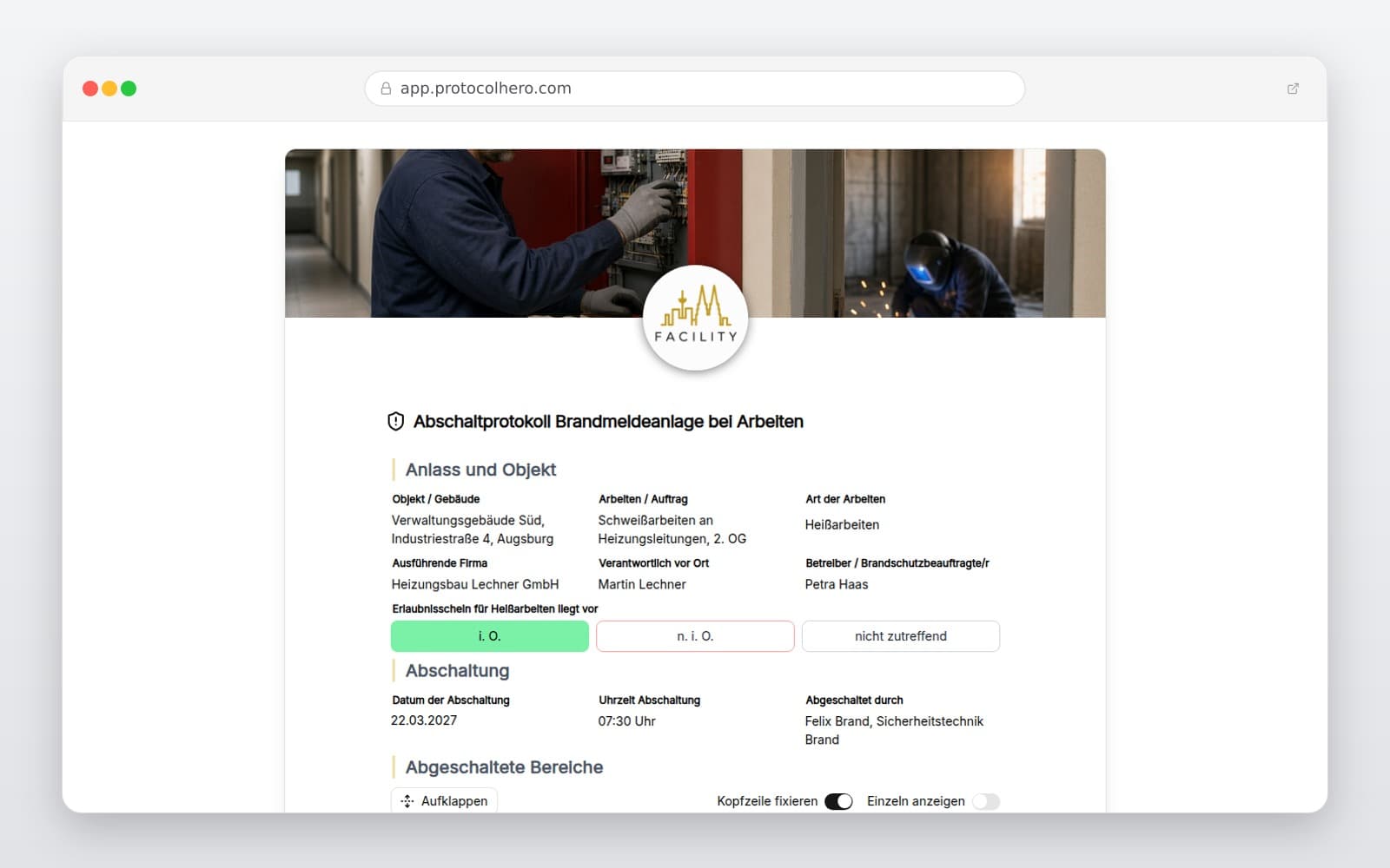 Vorschau der Vorlage „Abschaltprotokoll Brandmeldeanlage bei Arbeiten"