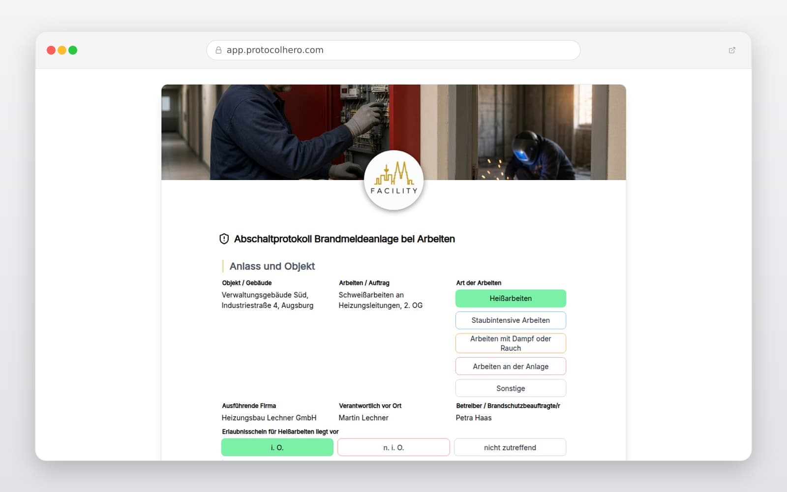 Vorschau der Vorlage „Abschaltprotokoll Brandmeldeanlage bei Arbeiten"