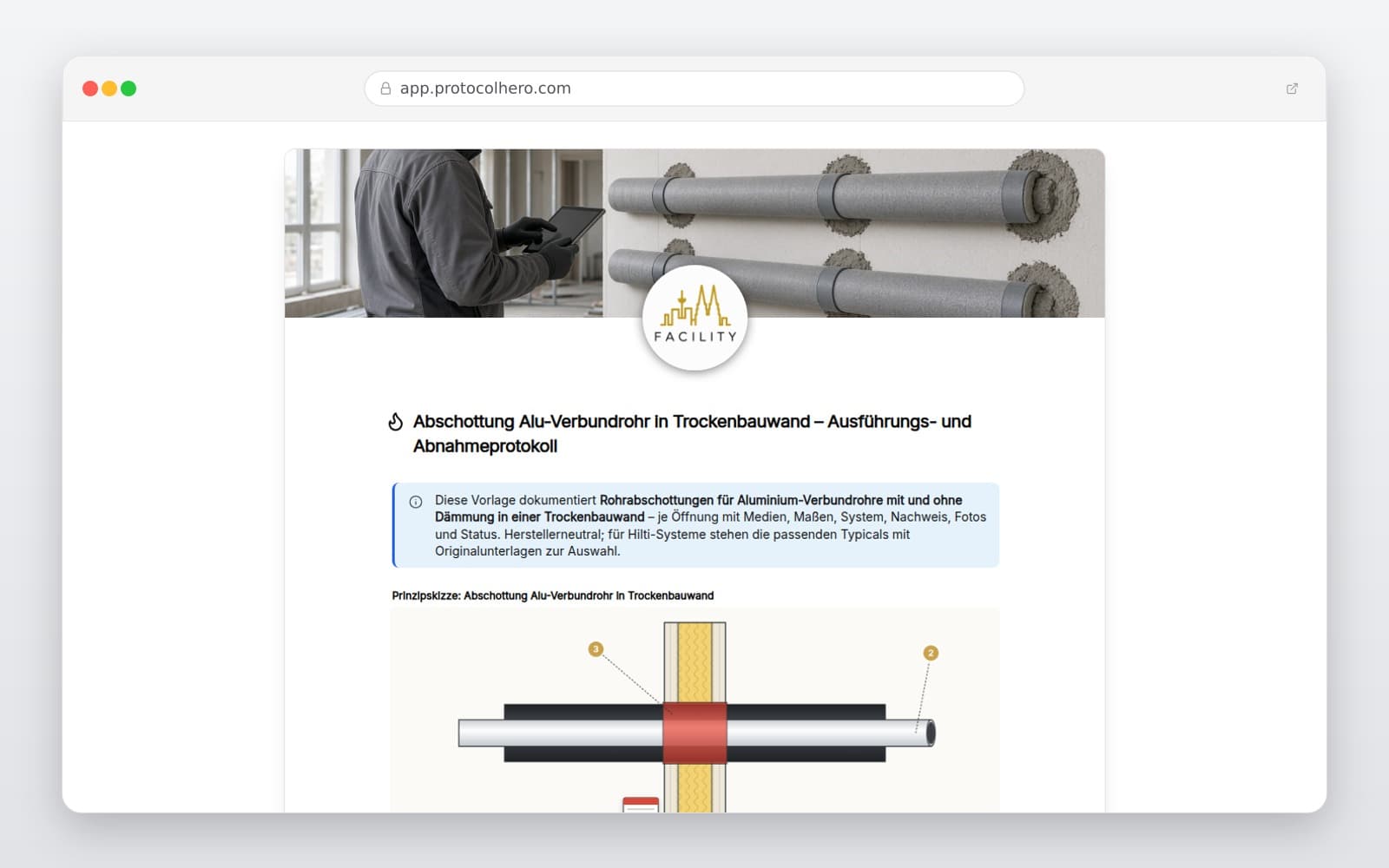 Vorschau der Vorlage „Abschottung Alu-Verbundrohr in Trockenbauwand – Ausführungs- und Abnahmeprotokoll"