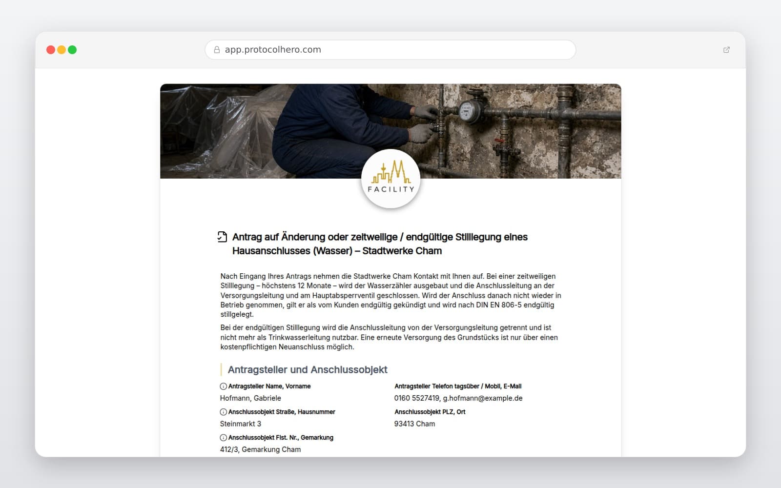 Vorschau der Vorlage „Antrag auf Änderung oder zeitweilige / endgültige Stilllegung eines Hausanschlusses (Wasser) – Stadtwerke Cham"