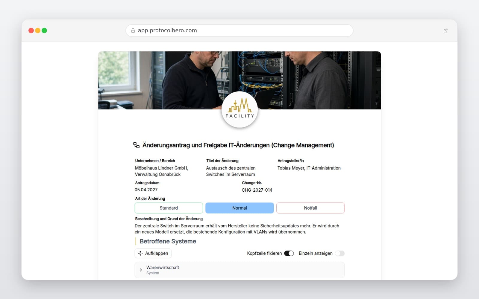 Vorschau der Vorlage „Änderungsantrag und Freigabe IT-Änderungen (Change Management)"