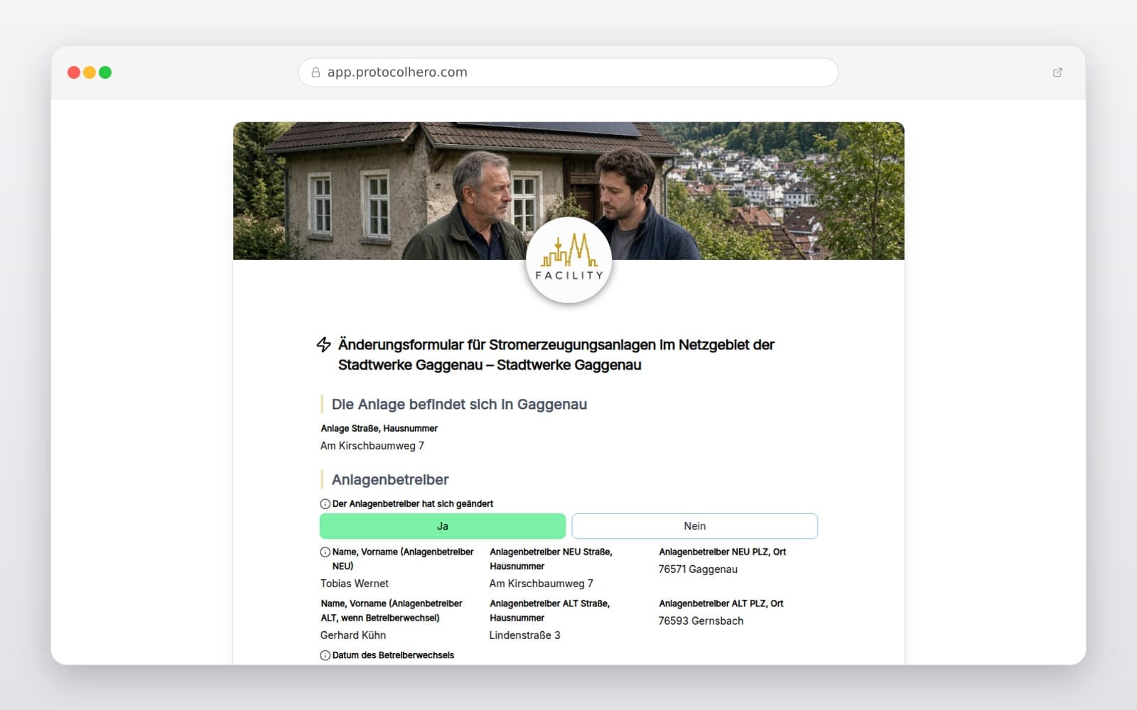 Vorschau der Vorlage „Änderungsformular für Stromerzeugungsanlagen im Netzgebiet der Stadtwerke Gaggenau – Stadtwerke Gaggenau"