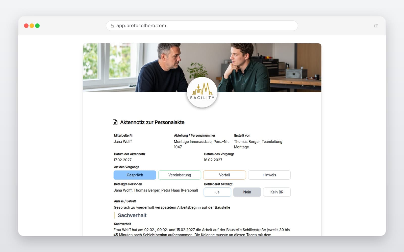 Vorschau der Vorlage „Aktennotiz zur Personalakte"