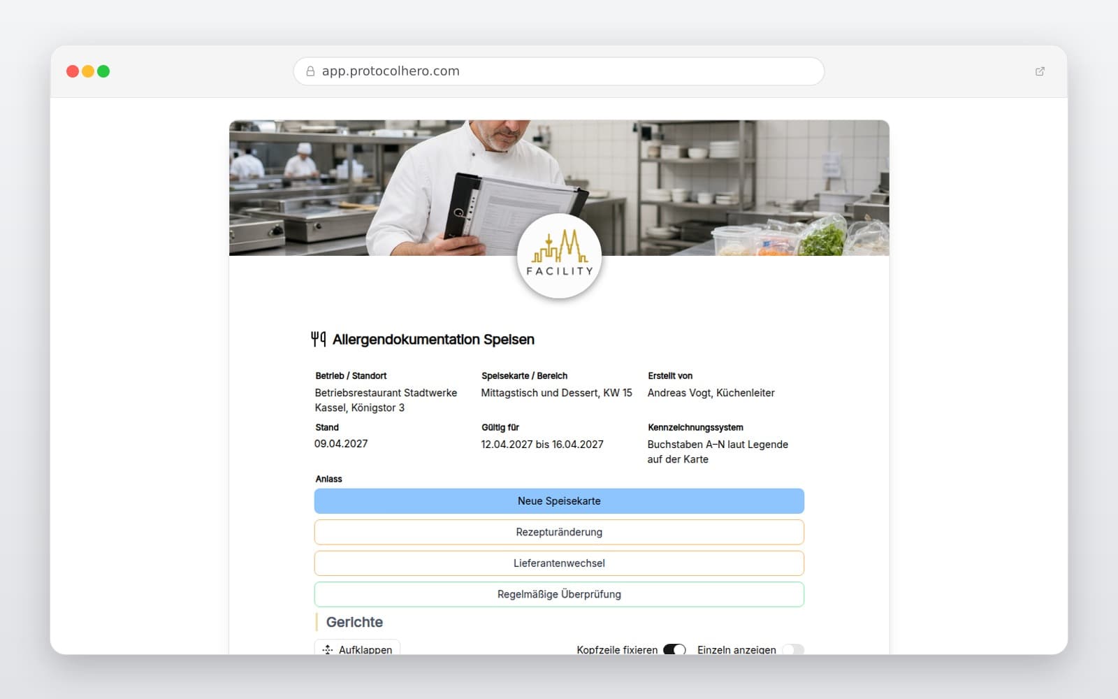 Vorschau der Vorlage „Allergendokumentation Speisen"