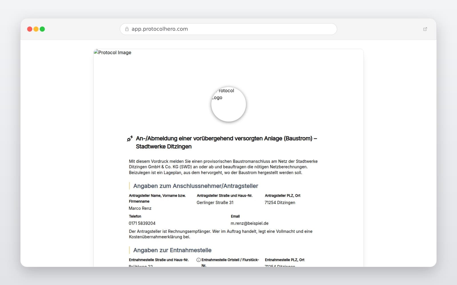 Vorschau der Vorlage „An-/Abmeldung einer vorübergehend versorgten Anlage (Baustrom) – Stadtwerke Ditzingen"