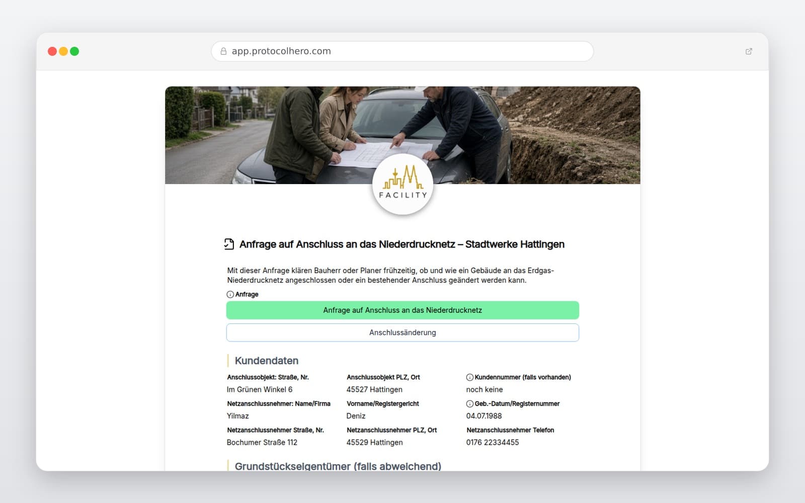 Vorschau der Vorlage „Anfrage auf Anschluss an das Niederdrucknetz – Stadtwerke Hattingen"