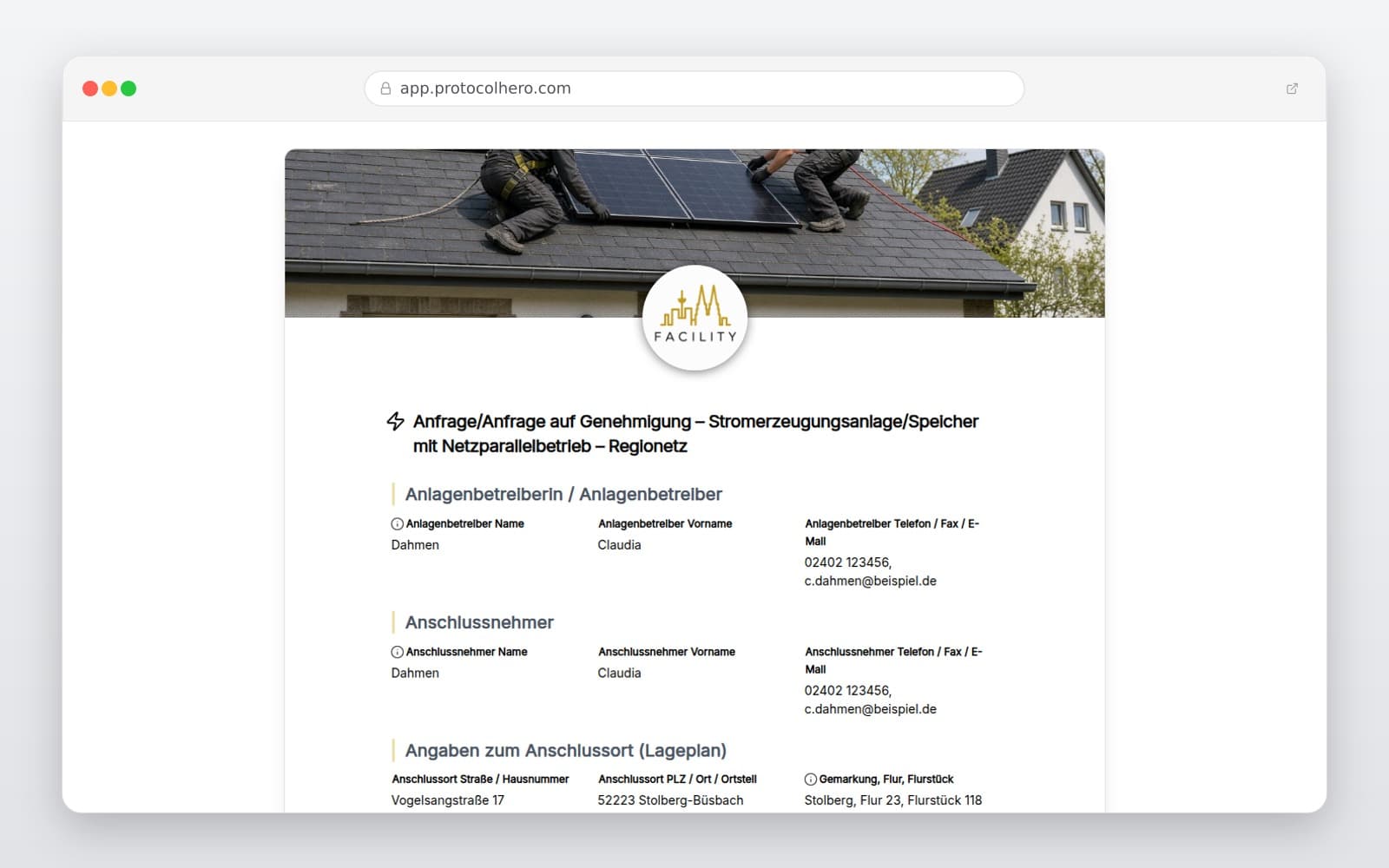 Vorschau der Vorlage „Anfrage/Anfrage auf Genehmigung – Stromerzeugungsanlage/Speicher mit Netzparallelbetrieb – Regionetz"