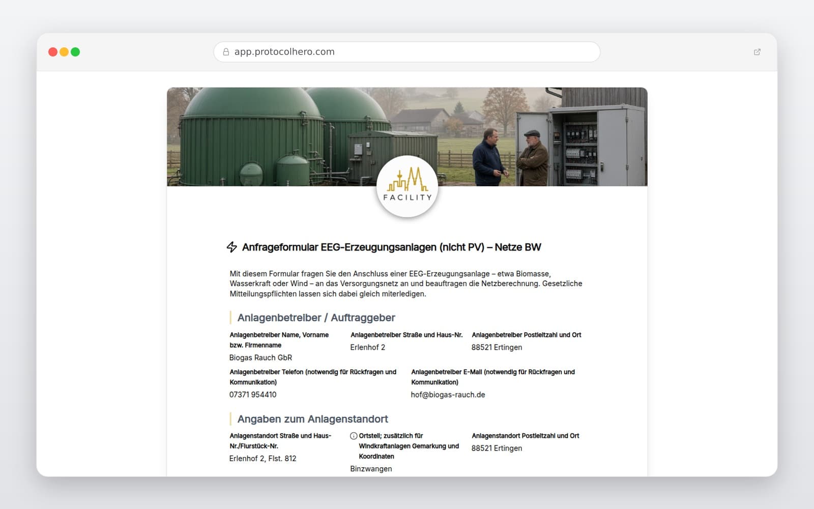 Vorschau der Vorlage „Anfrageformular EEG-Erzeugungsanlagen (nicht PV) – Netze BW"
