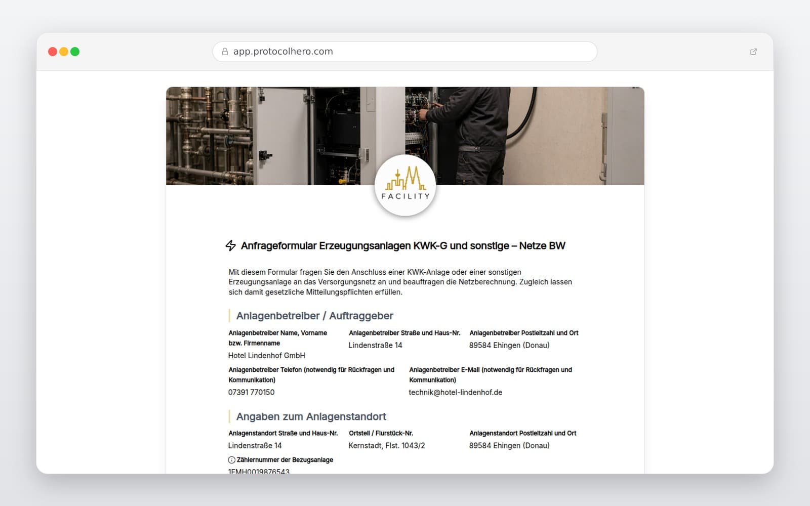 Vorschau der Vorlage „Anfrageformular Erzeugungsanlagen KWK-G und sonstige – Netze BW"