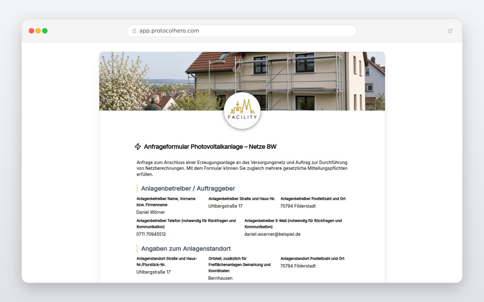 Vorschau der Vorlage „Anfrageformular Photovoltaikanlage – Netze BW"