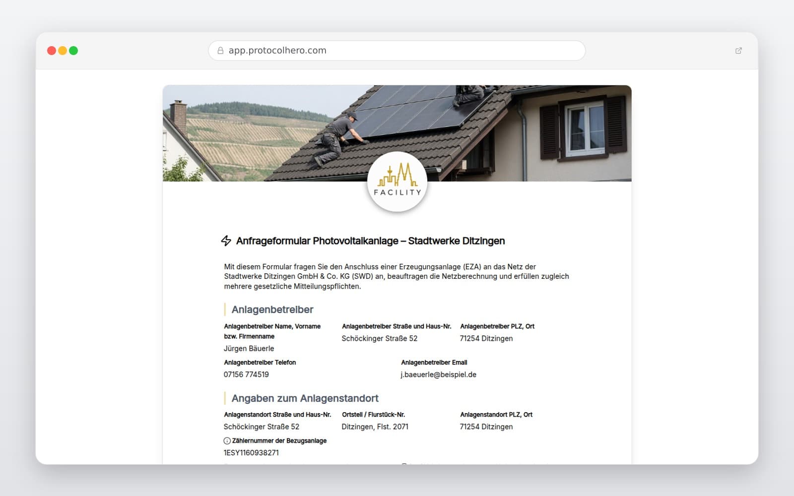 Vorschau der Vorlage „Anfrageformular Photovoltaikanlage – Stadtwerke Ditzingen"