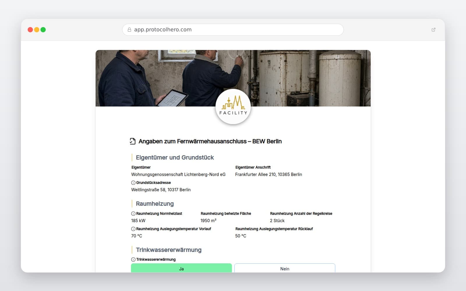 Vorschau der Vorlage „Angaben zum Fernwärmehausanschluss – BEW Berlin"