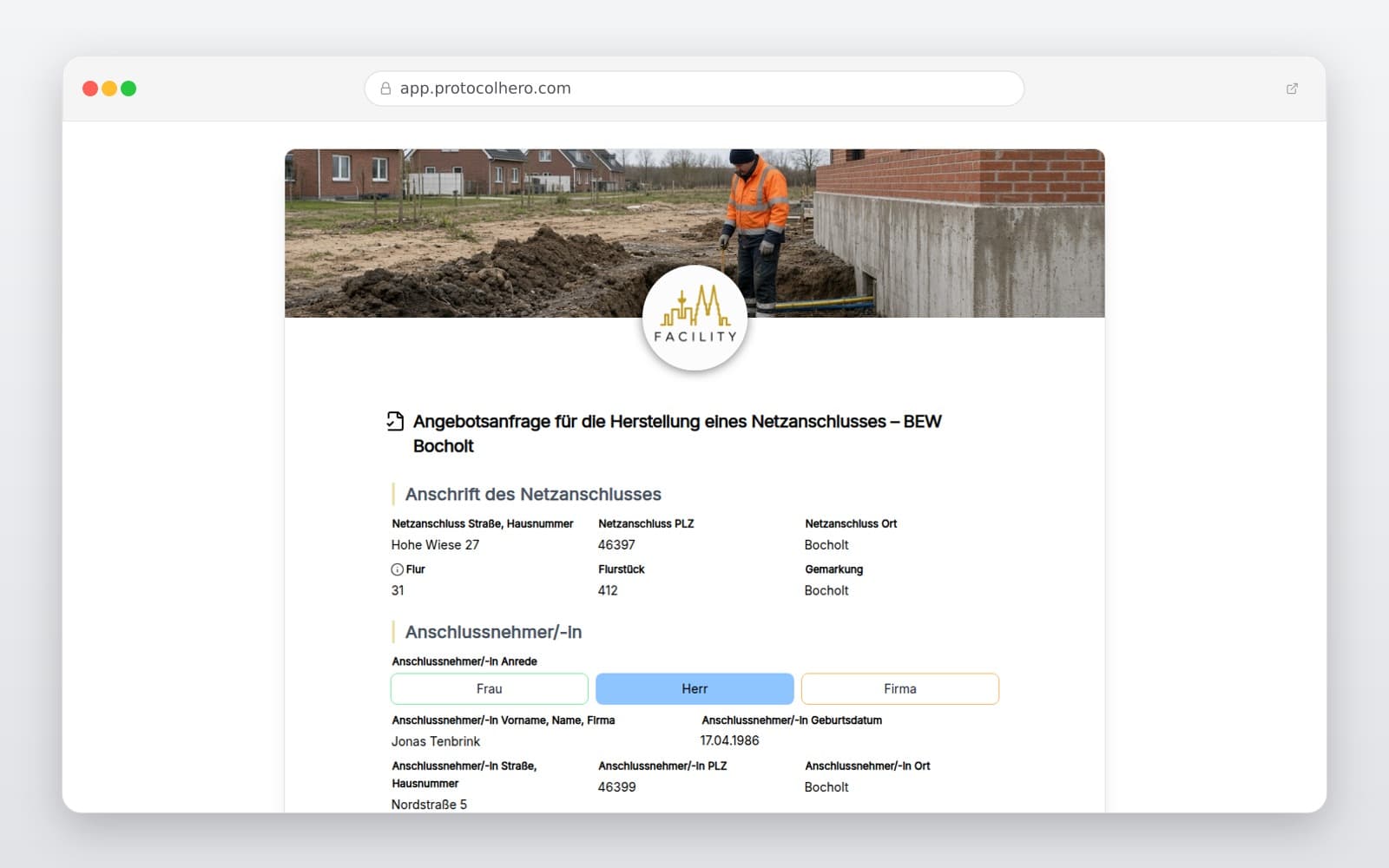 Vorschau der Vorlage „Angebotsanfrage für die Herstellung eines Netzanschlusses – BEW Bocholt"