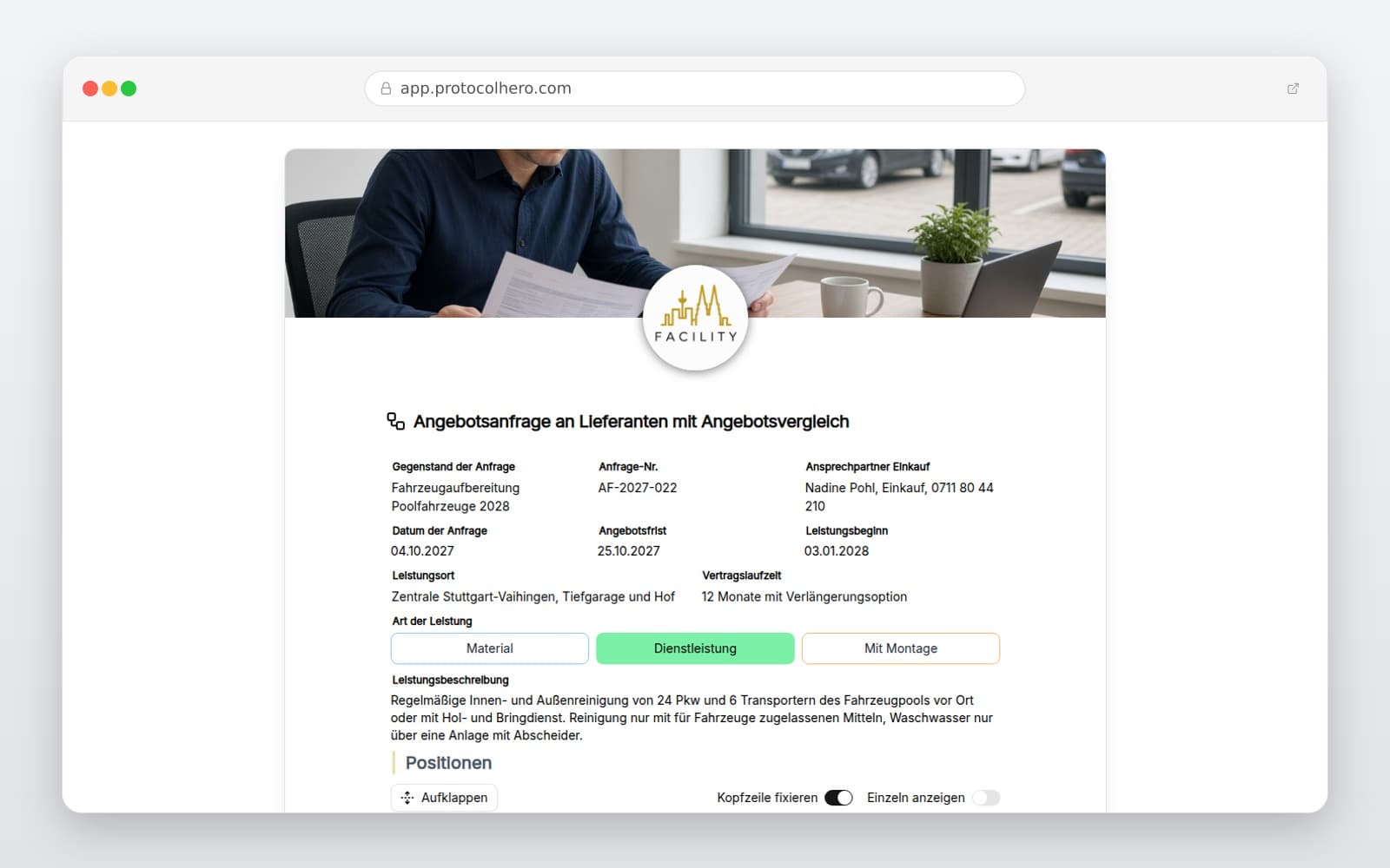 Vorschau der Vorlage „Angebotsanfrage an Lieferanten mit Angebotsvergleich"