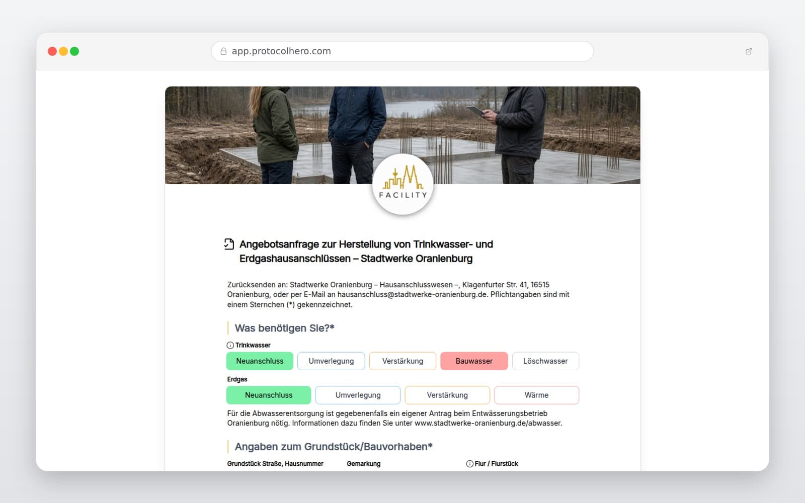 Vorschau der Vorlage „Angebotsanfrage zur Herstellung von Trinkwasser- und Erdgashausanschlüssen – Stadtwerke Oranienburg"