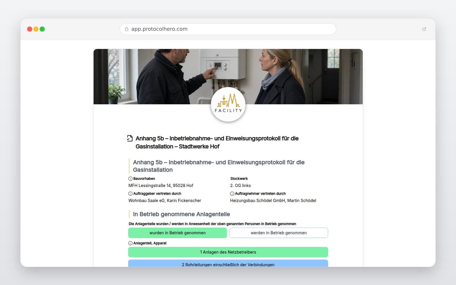 Vorschau der Vorlage „Anhang 5b – Inbetriebnahme- und Einweisungsprotokoll für die Gasinstallation – Stadtwerke Hof"