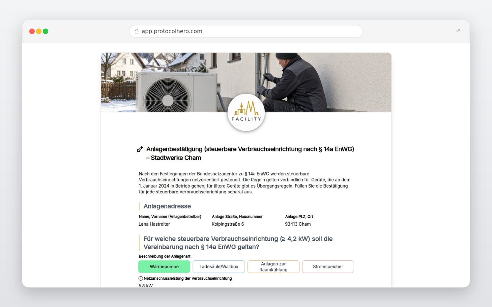 Vorschau der Vorlage „Anlagenbestätigung (steuerbare Verbrauchseinrichtung nach § 14a EnWG) – Stadtwerke Cham"