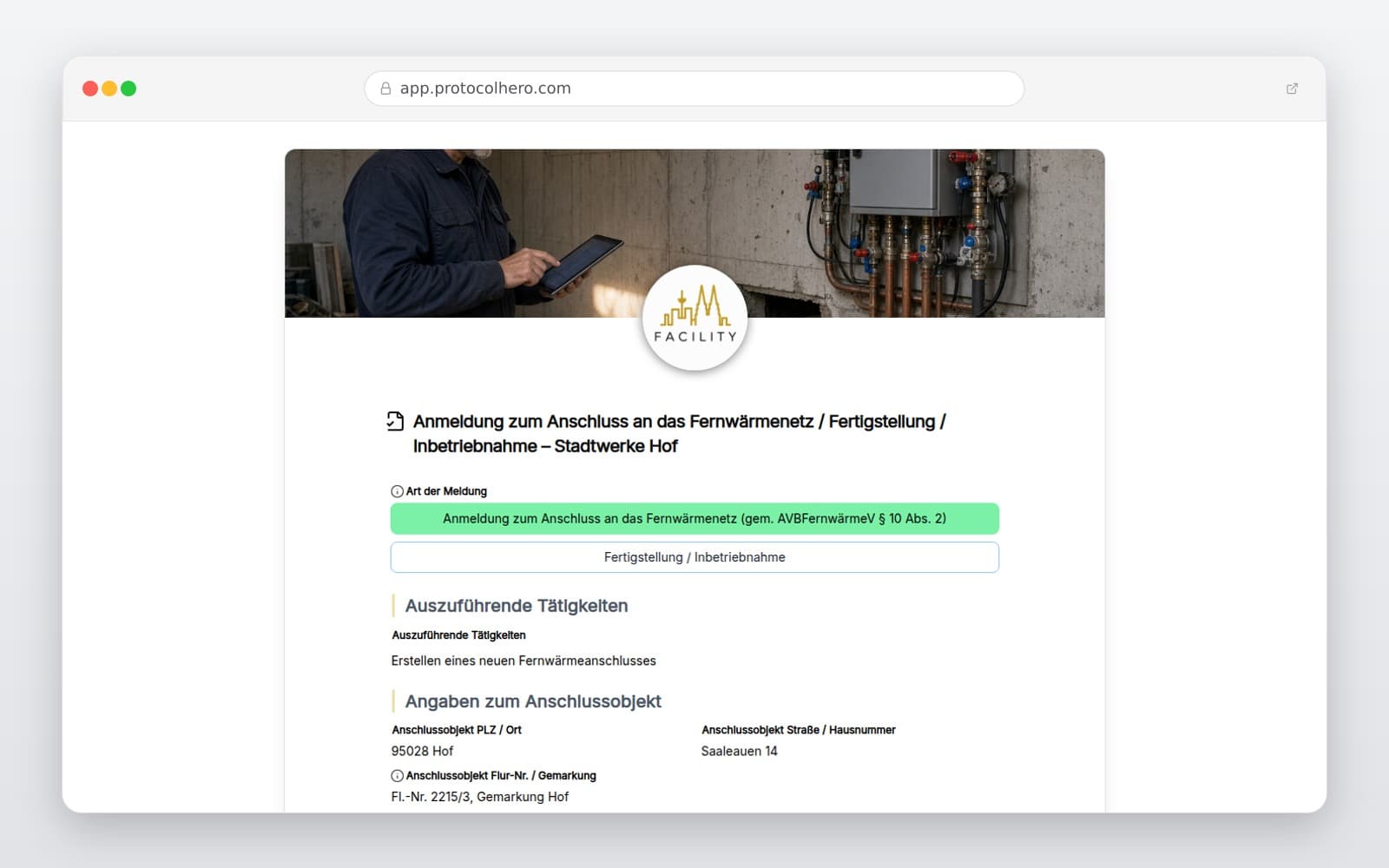 Vorschau der Vorlage „Anmeldung zum Anschluss an das Fernwärmenetz / Fertigstellung / Inbetriebnahme – Stadtwerke Hof"