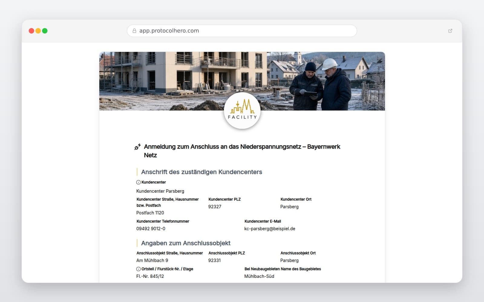 Vorschau der Vorlage „Anmeldung zum Anschluss an das Niederspannungsnetz – Bayernwerk Netz"