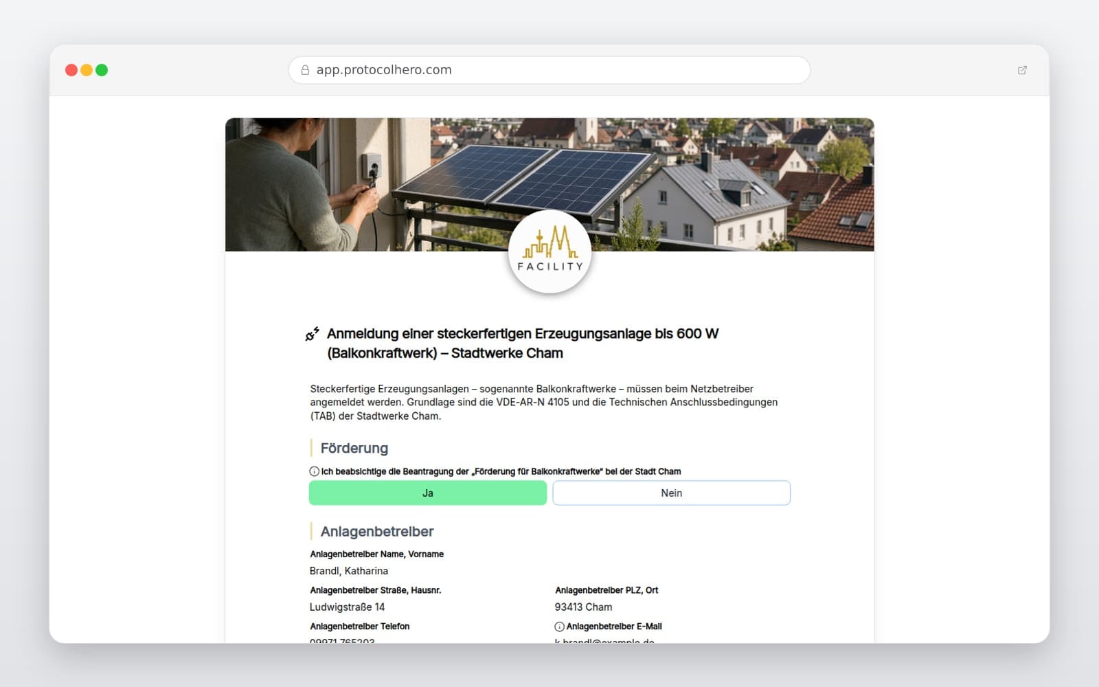 Vorschau der Vorlage „Anmeldung einer steckerfertigen Erzeugungsanlage bis 600 W (Balkonkraftwerk) – Stadtwerke Cham"