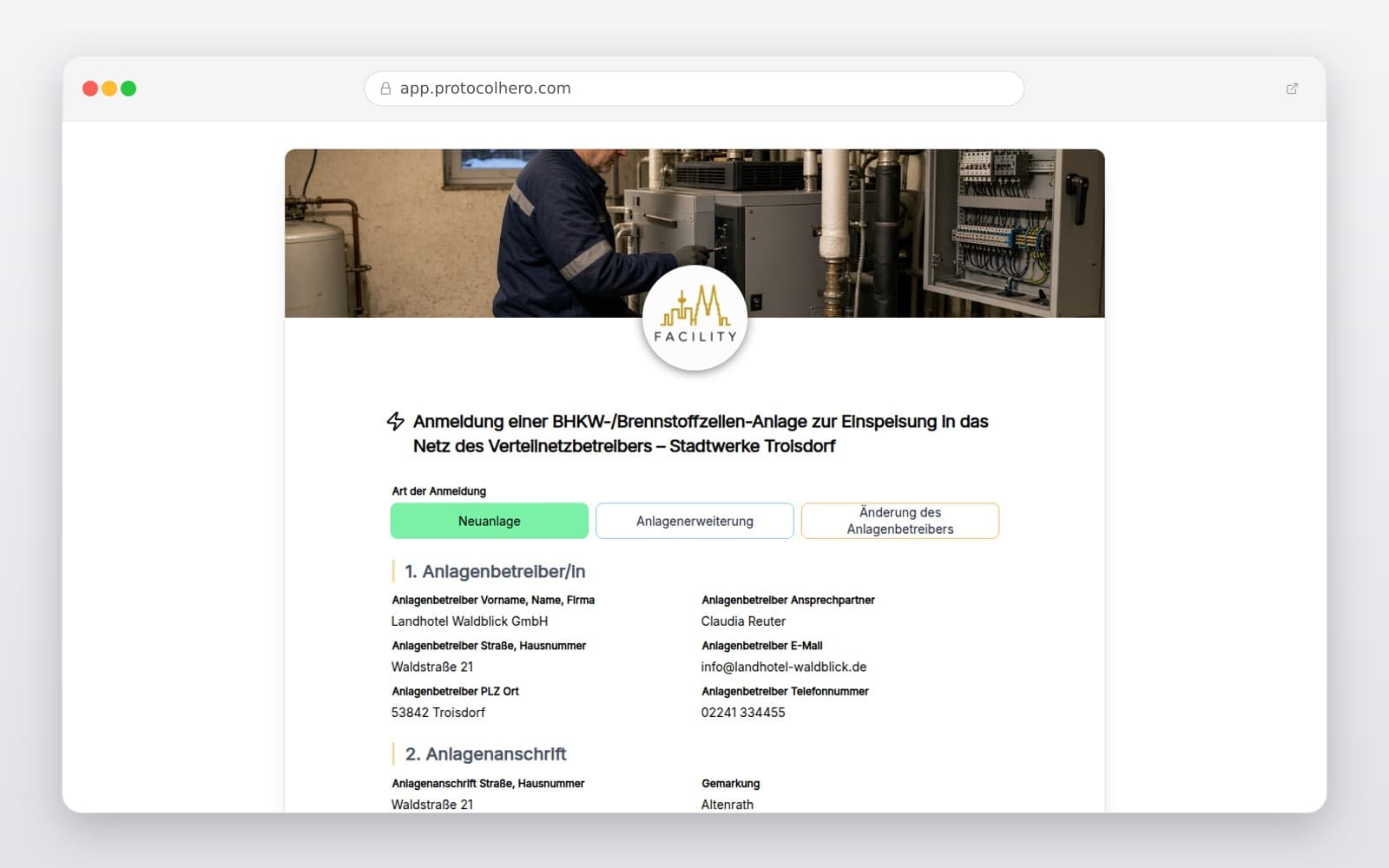 Vorschau der Vorlage „Anmeldung einer BHKW-/Brennstoffzellen-Anlage zur Einspeisung in das Netz des Verteilnetzbetreibers – Stadtwerke Troisdorf"