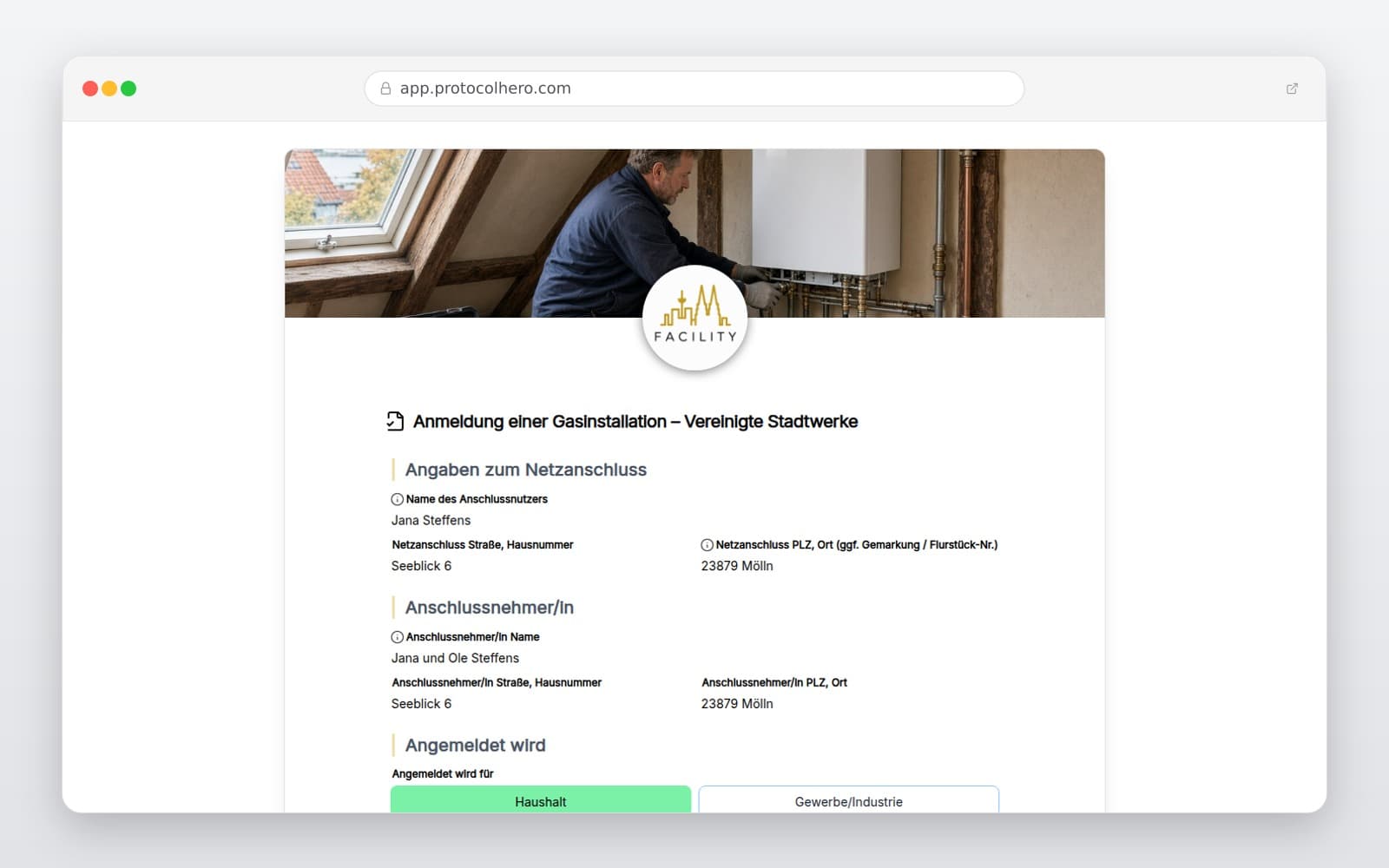 Vorschau der Vorlage „Anmeldung einer Gasinstallation – Vereinigte Stadtwerke"