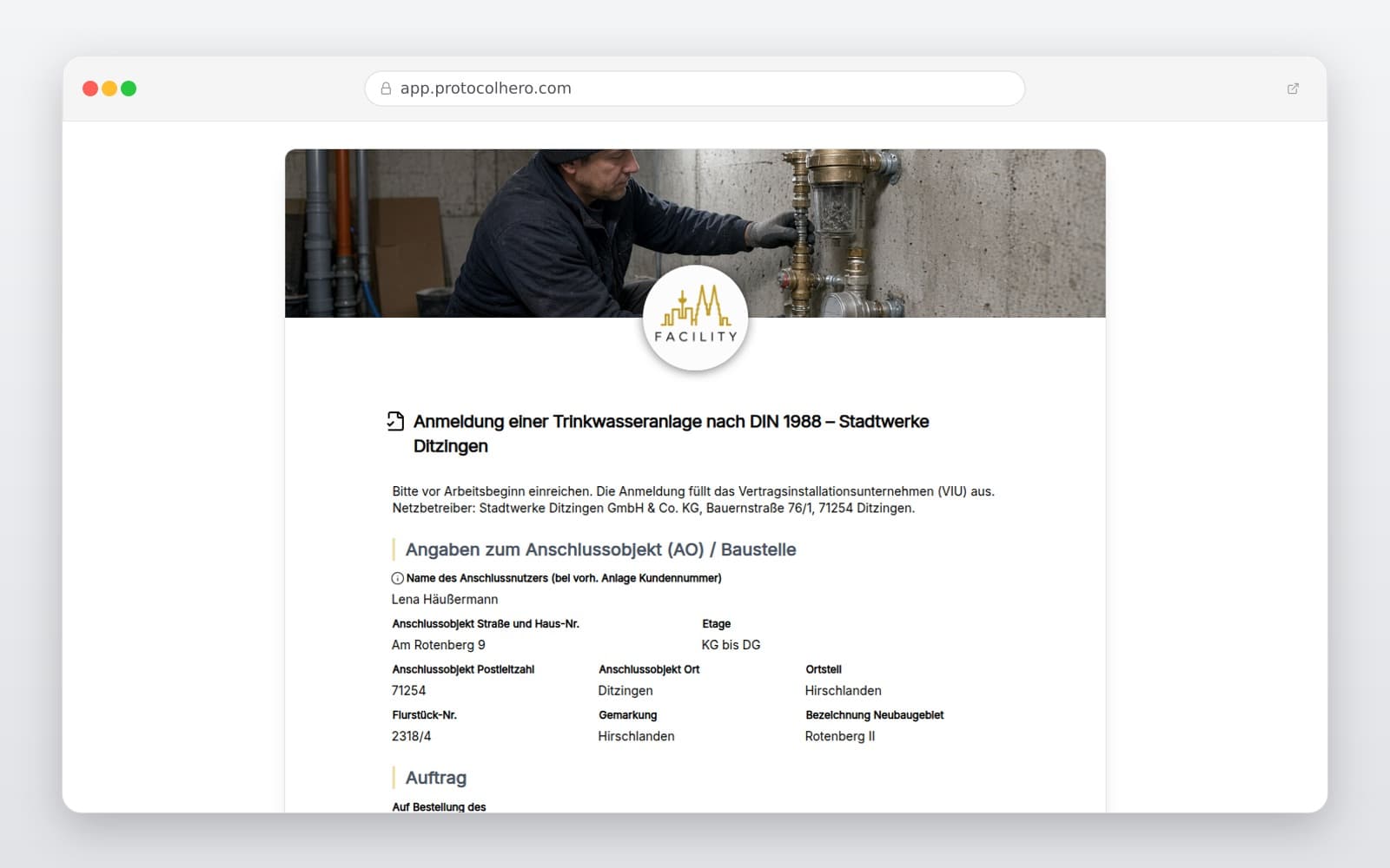 Vorschau der Vorlage „Anmeldung einer Trinkwasseranlage nach DIN 1988 – Stadtwerke Ditzingen"