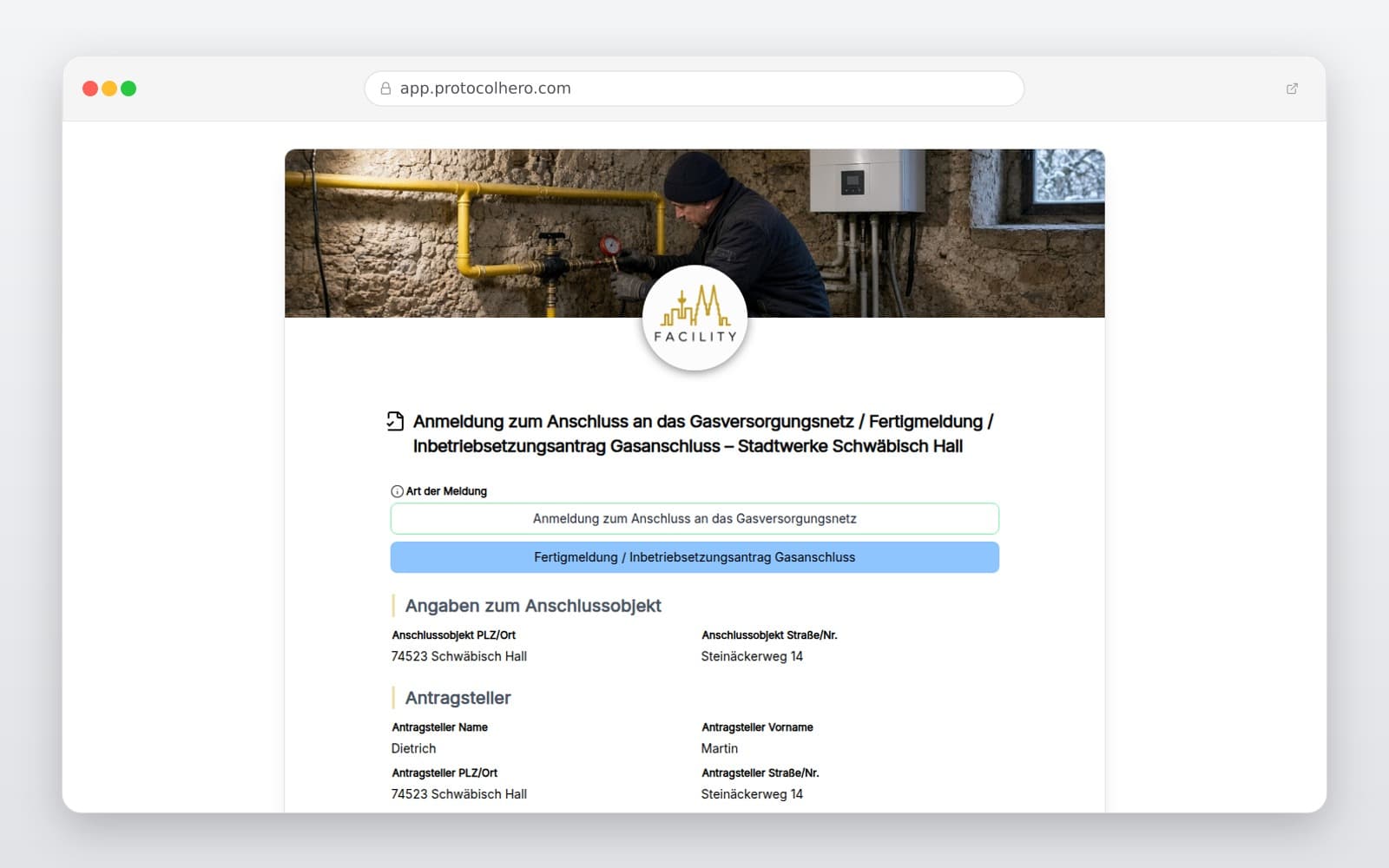 Vorschau der Vorlage „Anmeldung zum Anschluss an das Gasversorgungsnetz / Fertigmeldung / Inbetriebsetzungsantrag Gasanschluss – Stadtwerke Schwäbisch Hall"