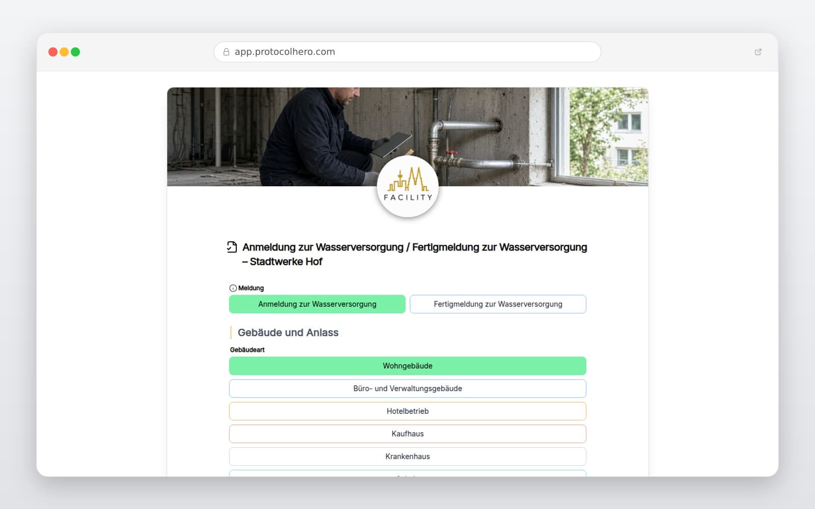 Vorschau der Vorlage „Anmeldung zur Wasserversorgung / Fertigmeldung zur Wasserversorgung – Stadtwerke Hof"