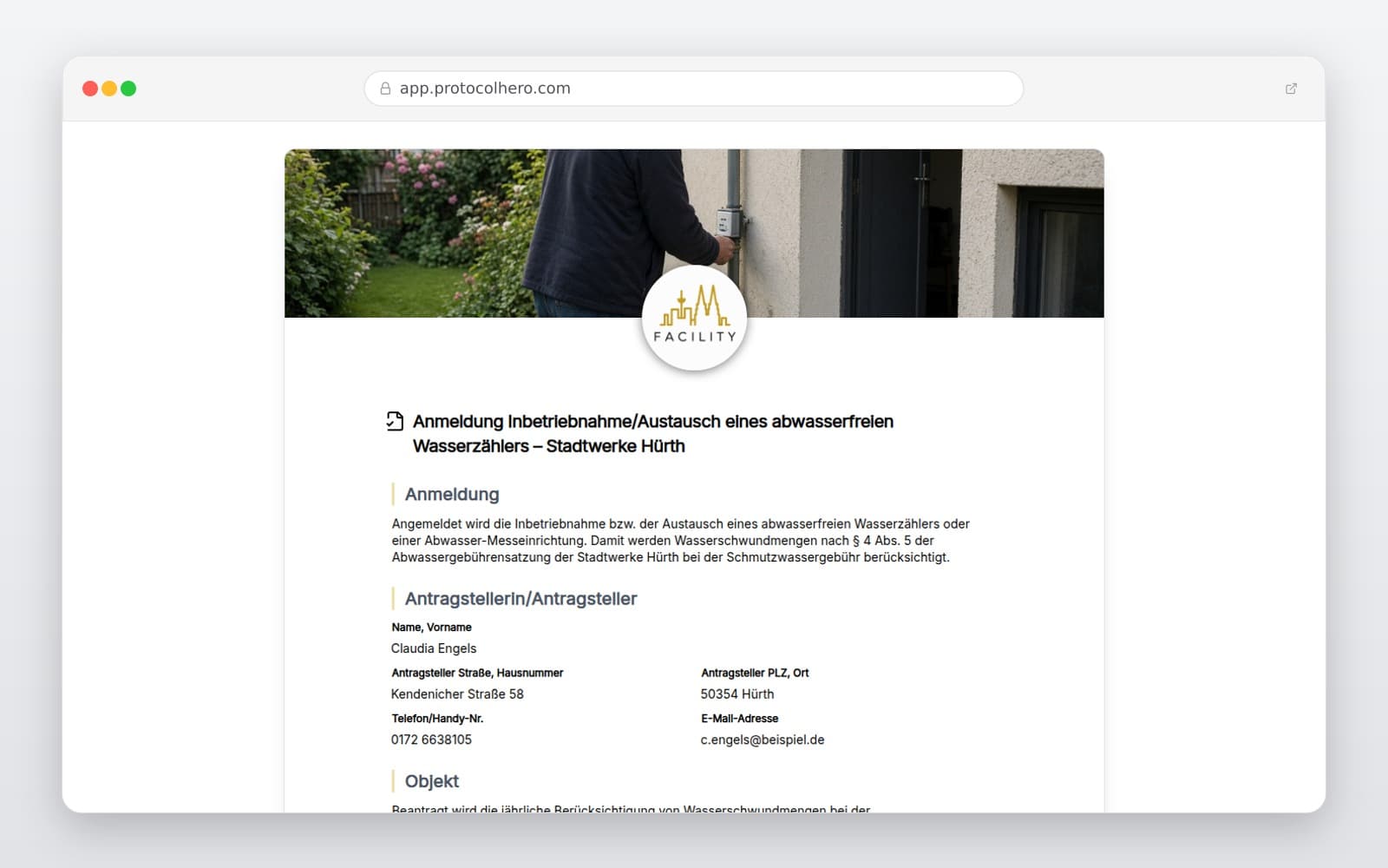 Vorschau der Vorlage „Anmeldung Inbetriebnahme/Austausch eines abwasserfreien Wasserzählers – Stadtwerke Hürth"