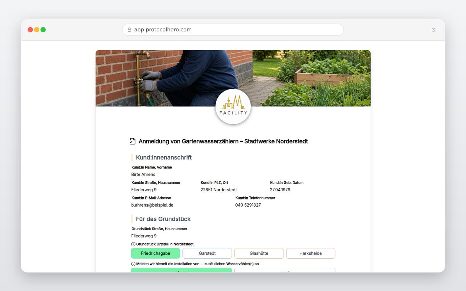 Vorschau der Vorlage „Anmeldung von Gartenwasserzählern – Stadtwerke Norderstedt"