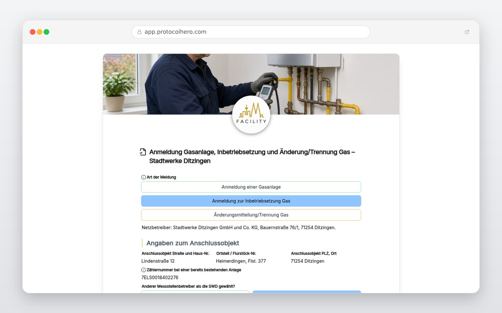 Vorschau der Vorlage „Anmeldung Gasanlage, Inbetriebsetzung und Änderung/Trennung Gas – Stadtwerke Ditzingen"