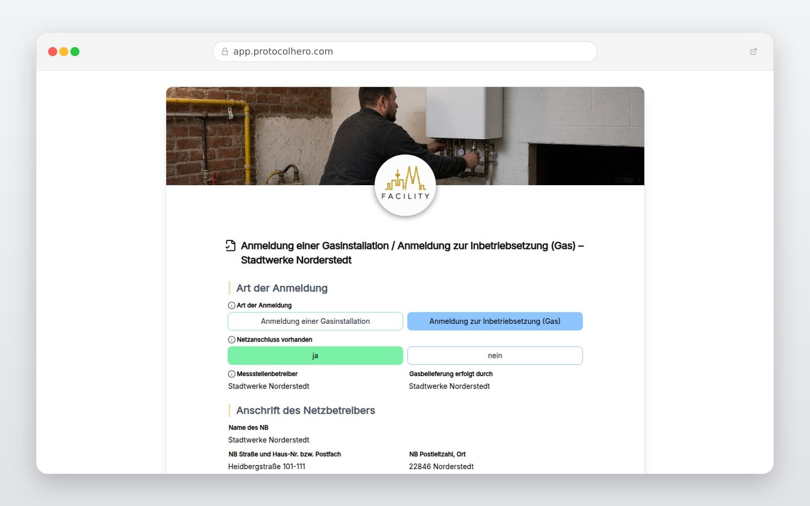 Vorschau der Vorlage „Anmeldung einer Gasinstallation / Anmeldung zur Inbetriebsetzung (Gas) – Stadtwerke Norderstedt"