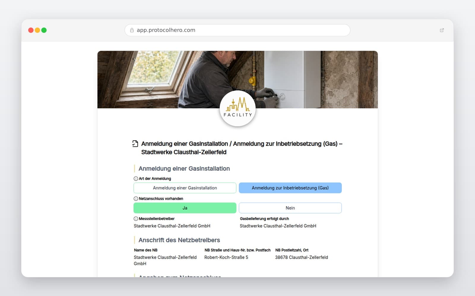 Vorschau der Vorlage „Anmeldung einer Gasinstallation / Anmeldung zur Inbetriebsetzung (Gas) – Stadtwerke Clausthal-Zellerfeld"