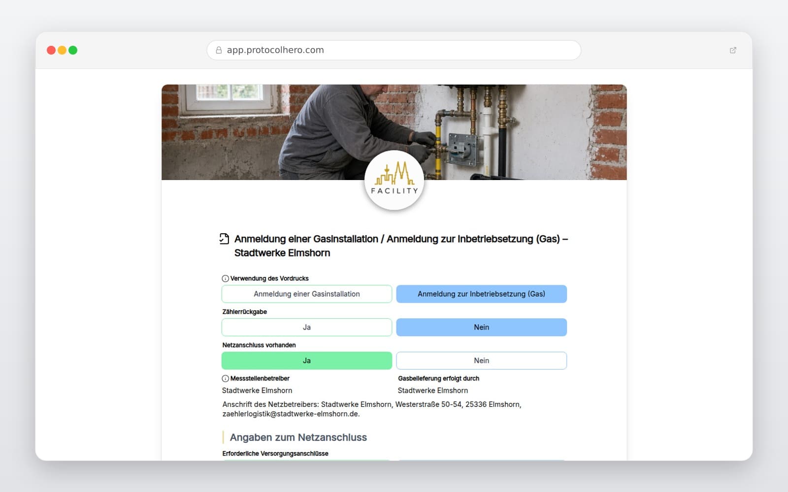 Vorschau der Vorlage „Anmeldung einer Gasinstallation / Anmeldung zur Inbetriebsetzung (Gas) – Stadtwerke Elmshorn"