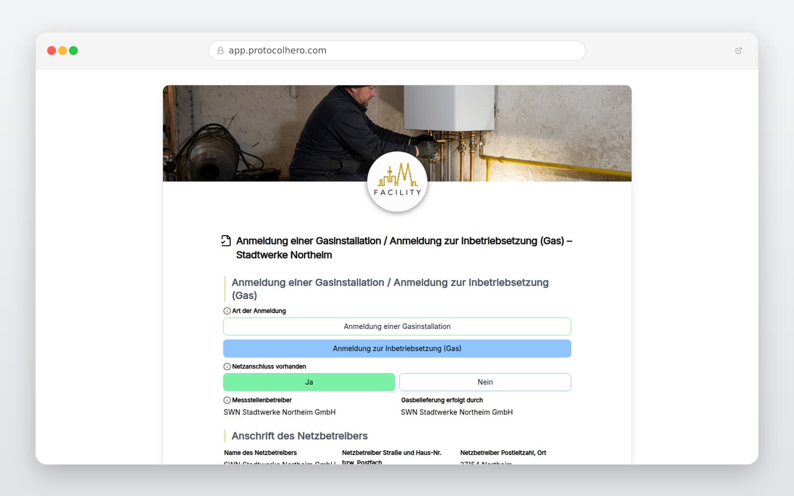 Vorschau der Vorlage „Anmeldung einer Gasinstallation / Anmeldung zur Inbetriebsetzung (Gas) – Stadtwerke Northeim"