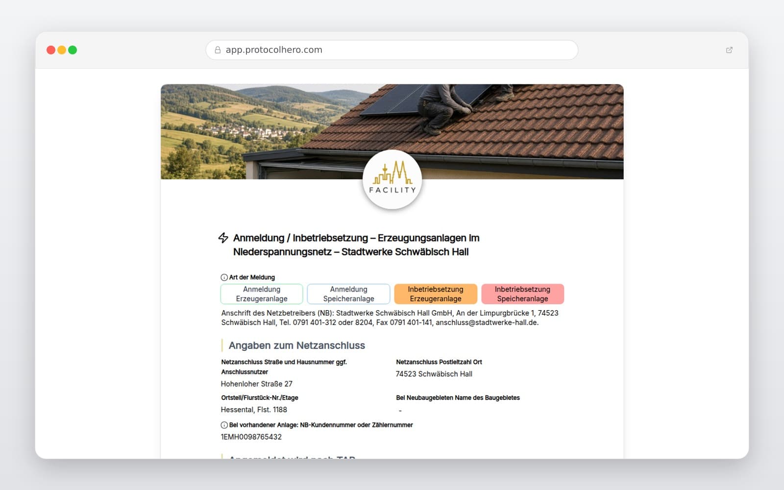 Vorschau der Vorlage „Anmeldung / Inbetriebsetzung – Erzeugungsanlagen im Niederspannungsnetz – Stadtwerke Schwäbisch Hall"