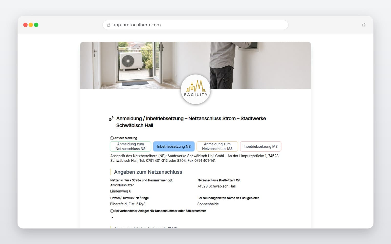 Vorschau der Vorlage „Anmeldung / Inbetriebsetzung – Netzanschluss Strom – Stadtwerke Schwäbisch Hall"