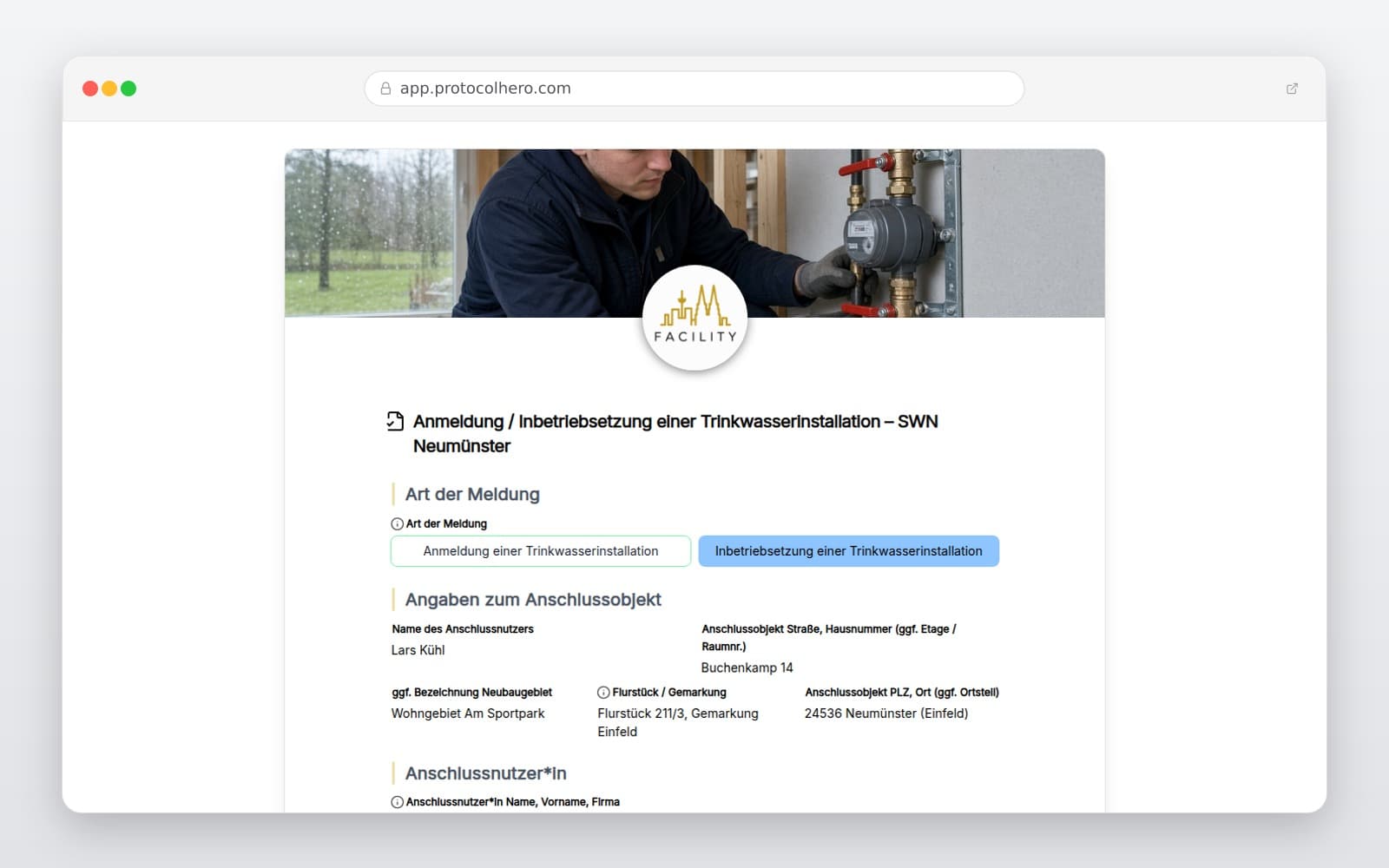 Vorschau der Vorlage „Anmeldung / Inbetriebsetzung einer Trinkwasserinstallation – SWN Neumünster"