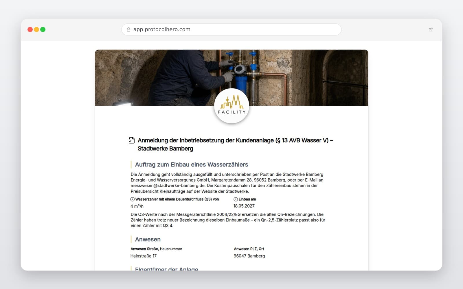 Vorschau der Vorlage „Anmeldung der Inbetriebsetzung der Kundenanlage (§ 13 AVB Wasser V) – Stadtwerke Bamberg"
