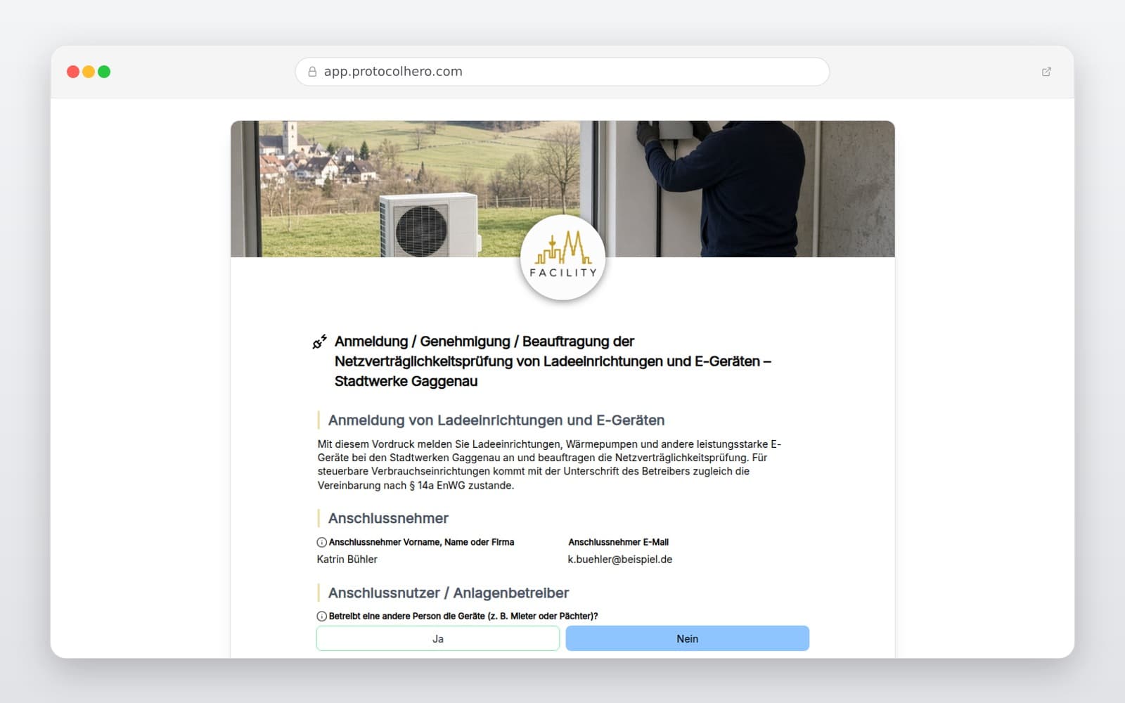 Vorschau der Vorlage „Anmeldung / Genehmigung / Beauftragung der Netzverträglichkeitsprüfung von Ladeeinrichtungen und E-Geräten – Stadtwerke Gaggenau"