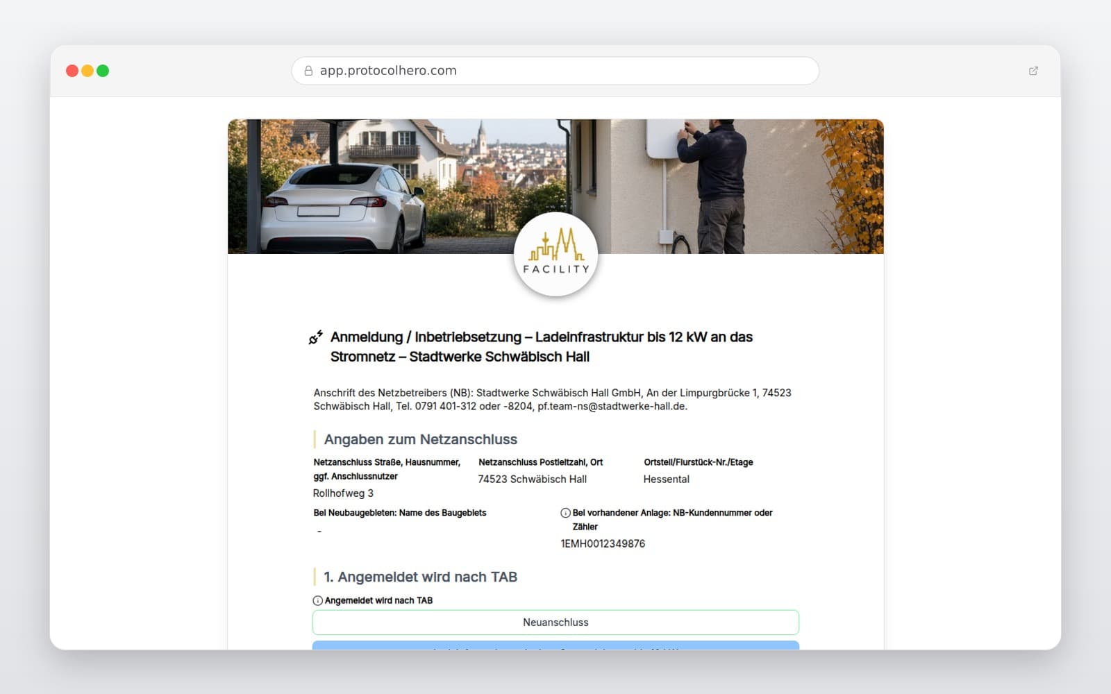 Vorschau der Vorlage „Anmeldung / Inbetriebsetzung – Ladeinfrastruktur bis 12 kW an das Stromnetz – Stadtwerke Schwäbisch Hall"