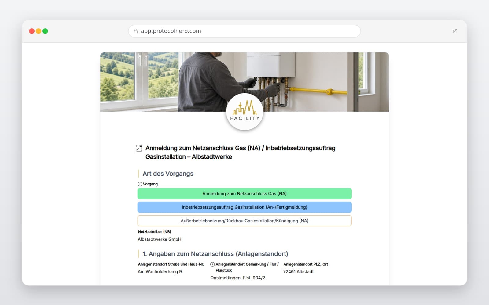 Vorschau der Vorlage „Anmeldung zum Netzanschluss Gas (NA) / Inbetriebsetzungsauftrag Gasinstallation – Albstadtwerke"
