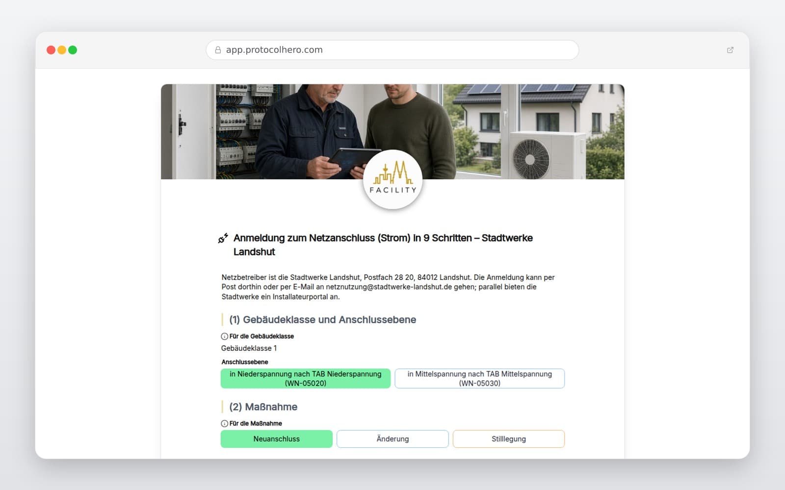 Vorschau der Vorlage „Anmeldung zum Netzanschluss (Strom) in 9 Schritten – Stadtwerke Landshut"