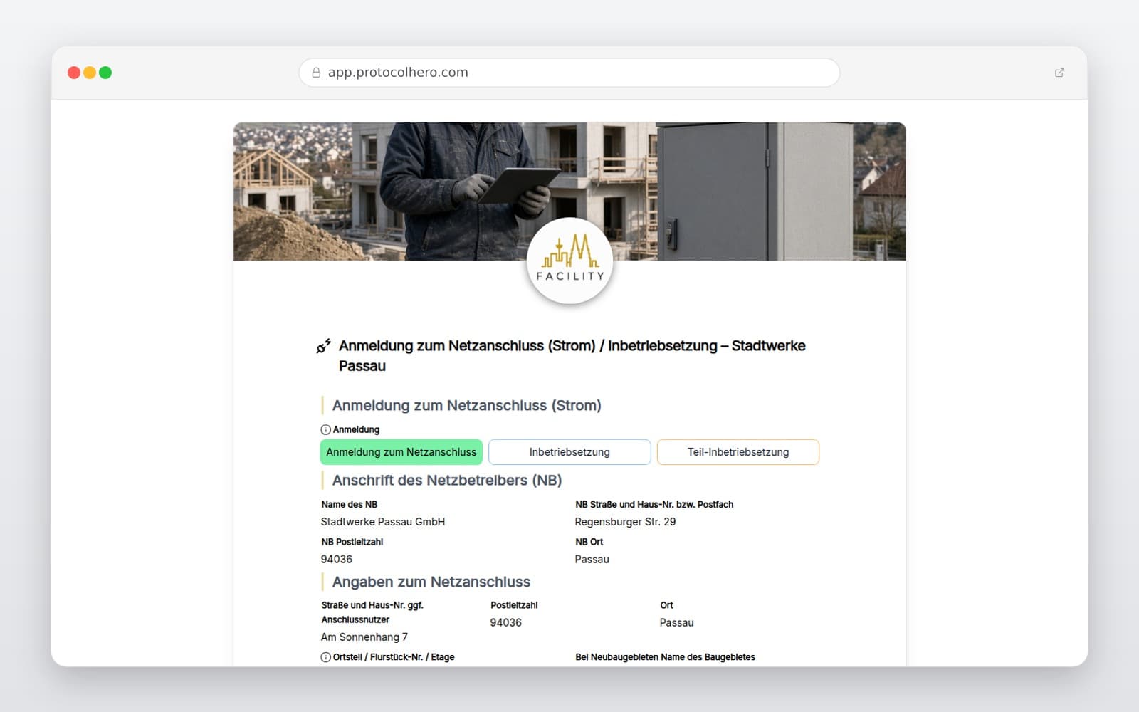 Vorschau der Vorlage „Anmeldung zum Netzanschluss (Strom) / Inbetriebsetzung – Stadtwerke Passau"