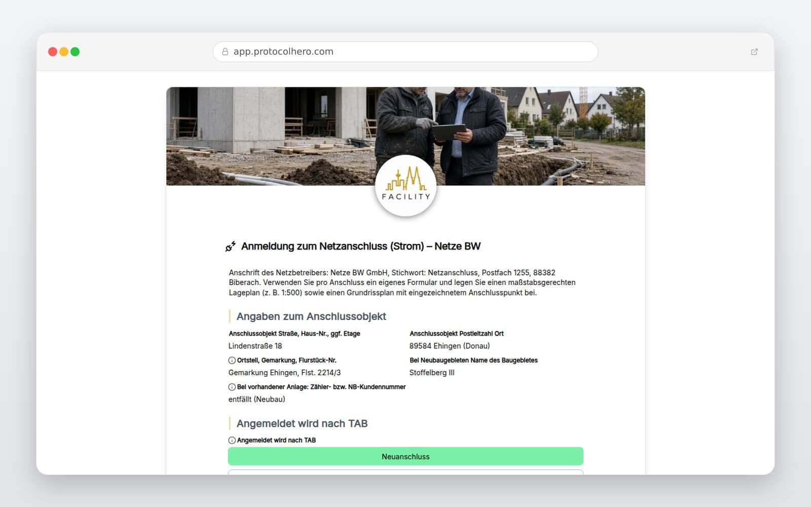 Vorschau der Vorlage „Anmeldung zum Netzanschluss (Strom) – Netze BW"