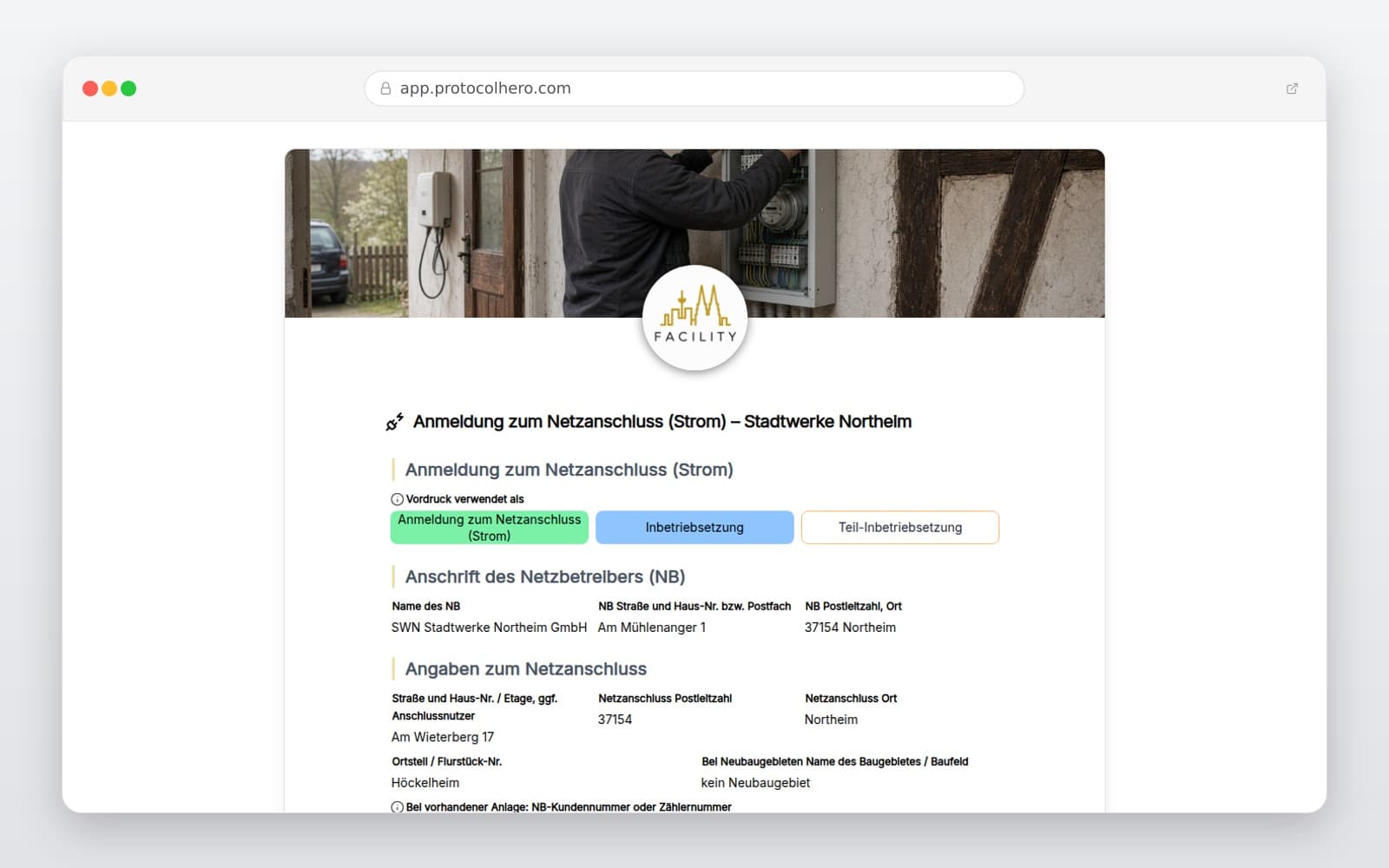 Vorschau der Vorlage „Anmeldung zum Netzanschluss (Strom) – Stadtwerke Northeim"
